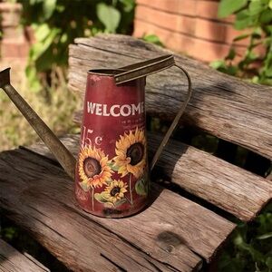 Faux antique metal  Watering Can with Sunflower Design